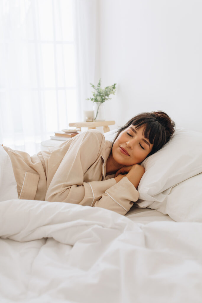 Happy,Woman,Lying,On,Bed,At,Home.,Woman,In,Night