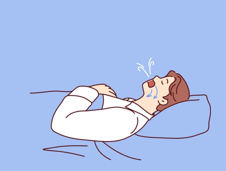 A cartoon illustration of a man with sleeping and breathing problems, and in need of a sleep apnea mouthpiece.