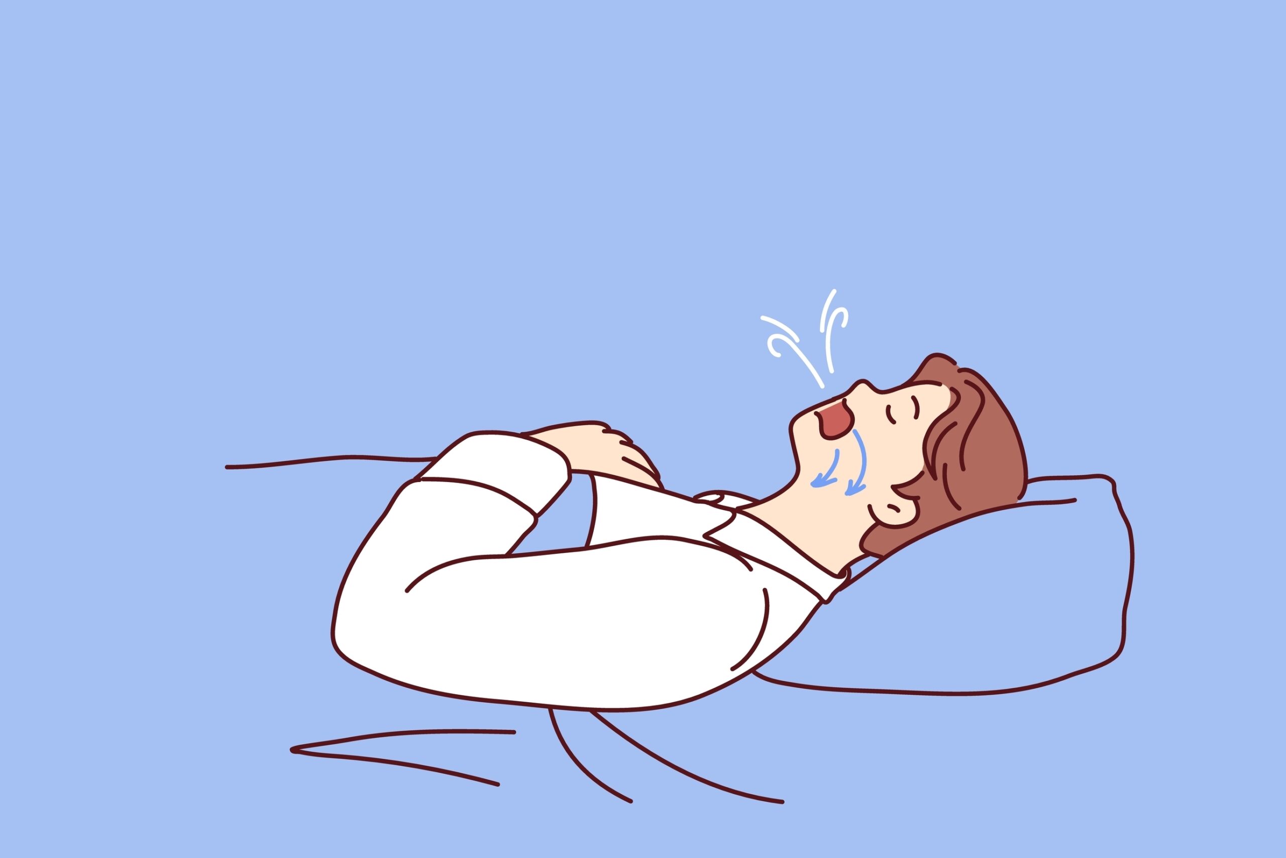 A cartoon illustration of a man with sleeping and breathing problems, and in need of a sleep apnea mouthpiece.