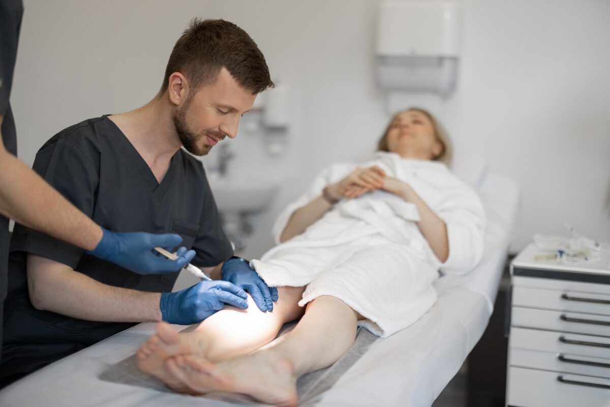 Sclerotherapy and Radiofrequency Ablation are two common treatments to get rid of spider veins, similar to what this patient with painful varicose veins is having accomplished by her doctor.