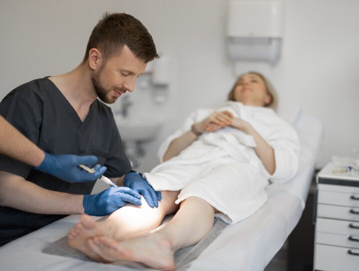 Sclerotherapy and Radiofrequency Ablation are two common treatments to get rid of spider veins, similar to what this patient with painful varicose veins is having accomplished by her doctor.