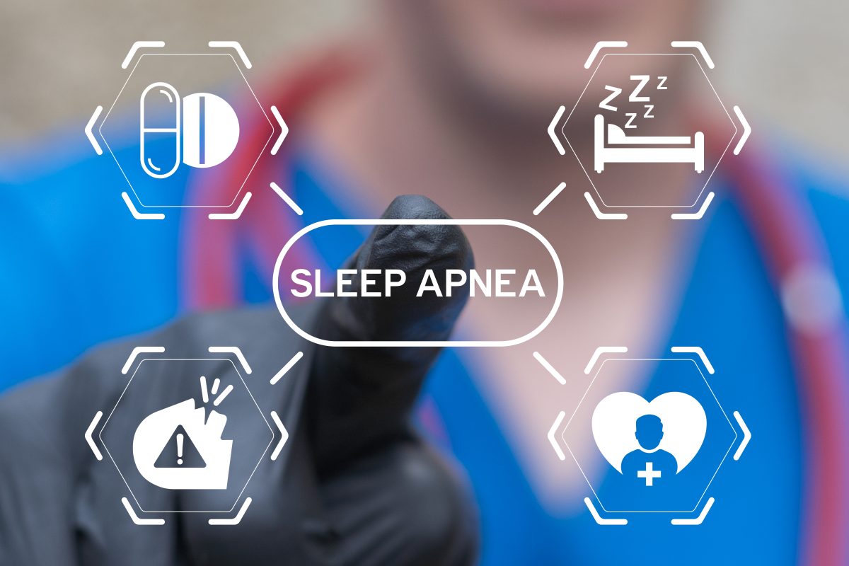 A graphical illustration depicting the concept of a sleep study at home through visual icons, with a doctor pointing at the center.