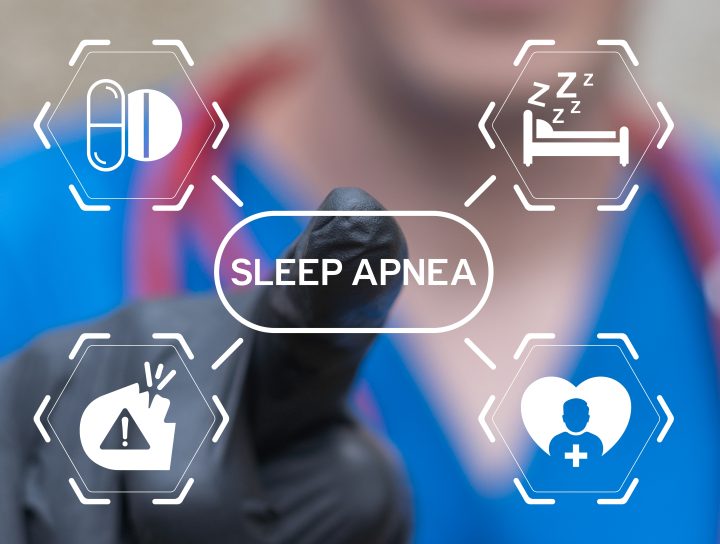A graphical illustration depicting the concept of a sleep study at home through visual icons, with a doctor pointing at the center.